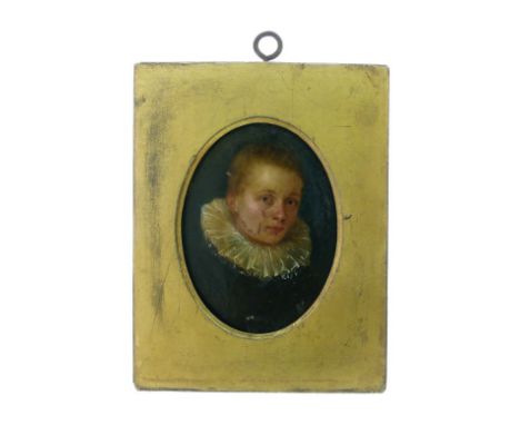 Miniature oval oil on white metal panel - Portrait of a young boy wearing a ruff collar, the back panel with label inscribed 