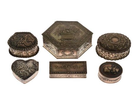 Edward VII embossed oval silver box, Birmingham 1903, 5cm wide, a similarly decorated box, Birmingham 1891, 4.25cm wide, an e