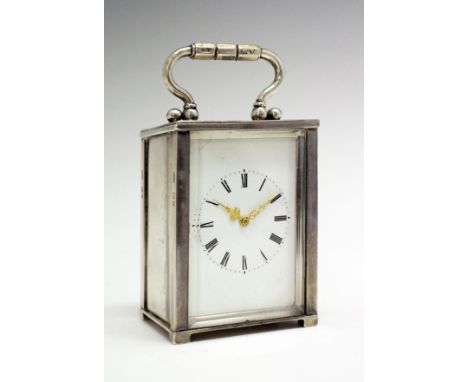 Victorian silver cased miniature carriage clock, the white enamel dial with Roman numerals and gilt hands, makers mark JRH, L