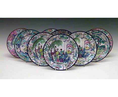 Nine Chinese enamel plates decorated with figures in a garden, on a terrace and on horseback, each with apocryphal Qianlong s