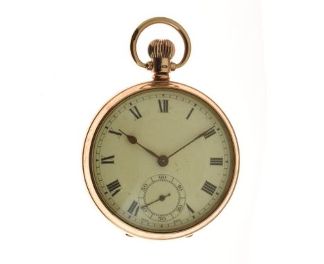 Anonymous - 9ct gold open faced pocket watch, the enamel dial with black Roman numerals, sunken subsidiary seconds dial and b