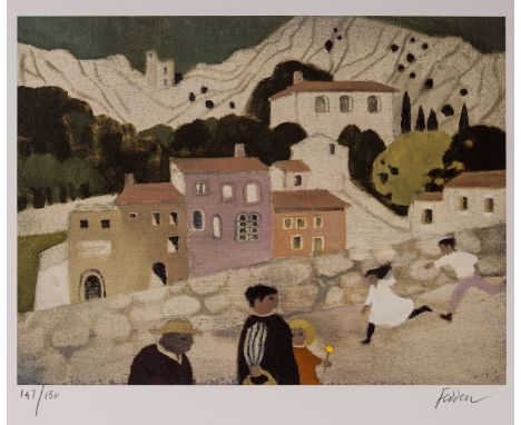 δ Mary Fedden (1915-2012)Children Playing in Hillside VillageLithograph printed in colours, 2004, signed in pencil, numbered 