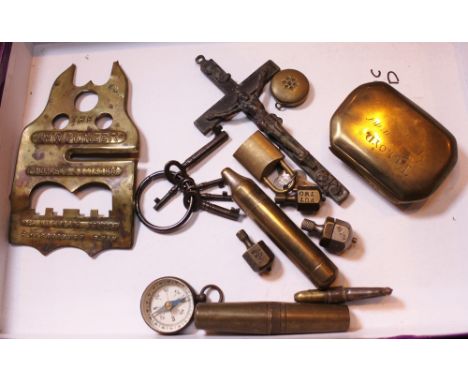 BRASS ITEMS. Tray of brass items including 1838 snuff box, three put and take spinners and a crucifix