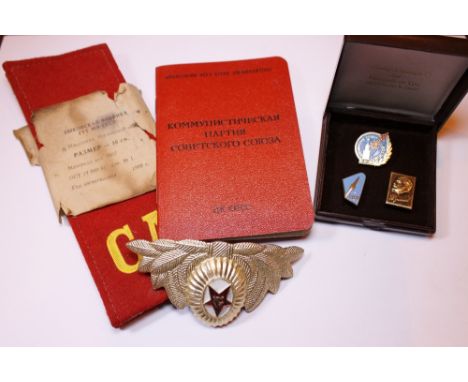 RUSSIAN ARMY ITEMS. Russian Army epaulettes, cap badge and an ID card and badge