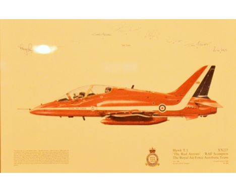 FRAMED RAF SIGNED PRINT. Framed and glazed print of T1 based at RAF Scampton, signed by the nine pilots of the 1982 squadron