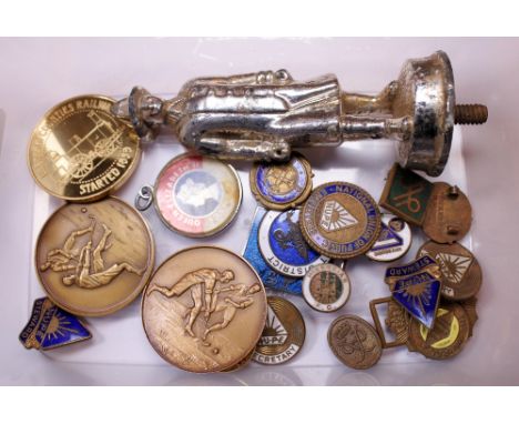 ENAMEL BADGES. Box of enamel badges and a USA Fireman car mascot