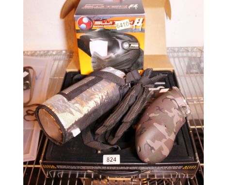 PAINTBALL GUN. Ion paint ball gun with instruction booklet and protective helmet, mesh, gloves, etc plus CO2 pressure counter