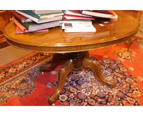 TILTING BREAKFAST TABLE. Mahogany tilting breakfast table on central pillar and four legs with ceramic castors, W: 122 cm