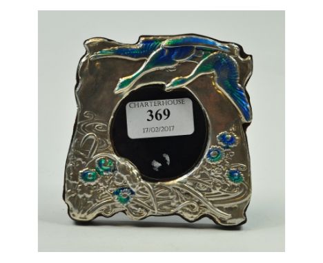 An Art Nouveau style silver and enamel photograph frame, decorated birds, 10.5 cm high