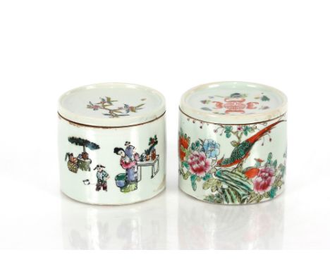 Two Chinese&nbsp;scholars brush&nbsp;pots,&nbsp;each with pierced lids decorated with famille rose interiors and foliage scen