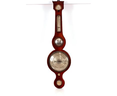 A 19th Century mahogany and box wood strung banjo barometer thermometer,&nbsp;the silvered dials having central convex mirror