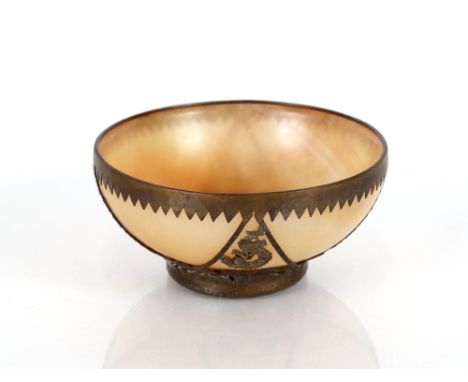 A Chinese golden hardstone&nbsp;bowl,&nbsp;with applied metal mounts, square seal mark to base, 11cm dia.