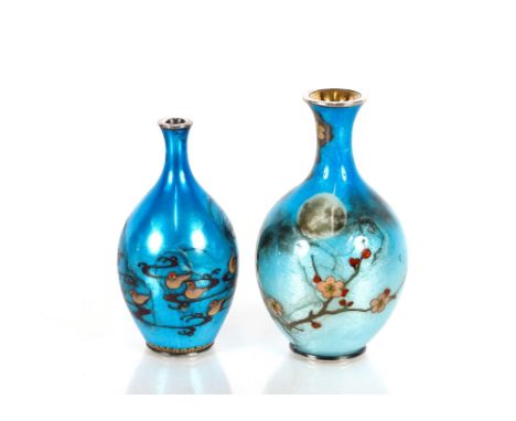 Two very small Japanese Meiji period enamel on white metal vases,&nbsp;the larger with signature to base, 10cm and 9cm high r