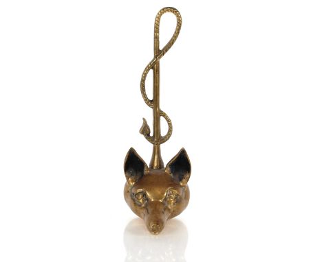 An antique brass door porter,&nbsp;in the form of a foxes head with riding whip handle, 37cm high&nbsp;