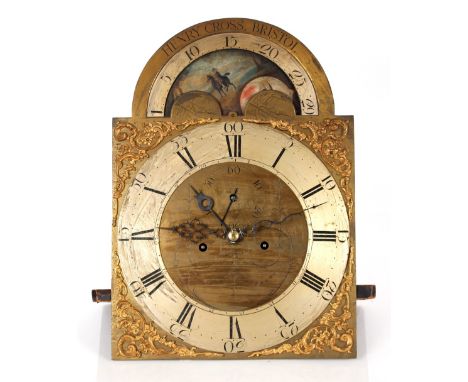 A Georgian mahogany satin wood strung and cross banded long case clock,&nbsp;the hood surmounted by a scroll arch pediment ab