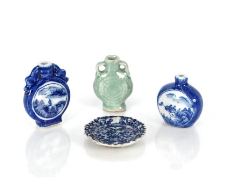 A 19th Century Chinese pottery and miniature Celadon glazed moon flask,&nbsp;each side with a central motif and radiating des