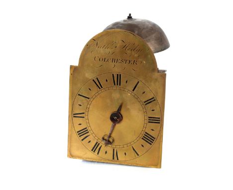 A 18th Century brass lantern clock,&nbsp;by Nathaniel Hedge, Colchester, single hand, the movement striking on a bell, dial 2