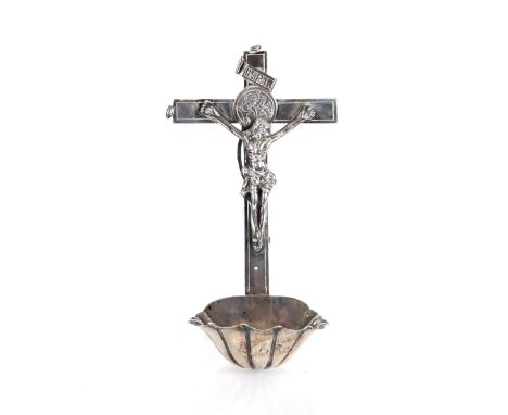 A 19th Century white metal Holy Water stoop,&nbsp;in the form of The Crucifixion; and a cased white metal and mother of pearl