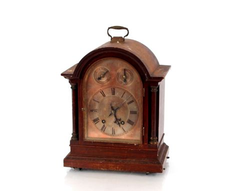 A late 19th early 20th Century mahogany cased bracket clock,&nbsp;the brass Roman numeral dial with chime silent and fast / s