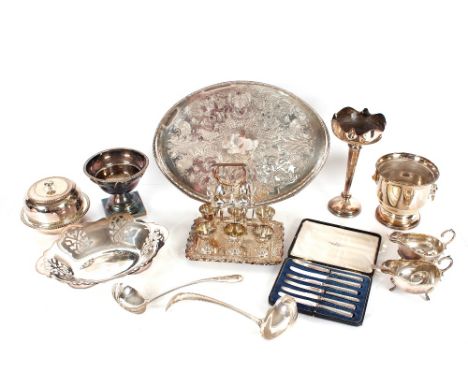 A white metal ladle;&nbsp;a plated "Old English" pattern ladle; and various plated items to include egg cruet, muffin dish, s