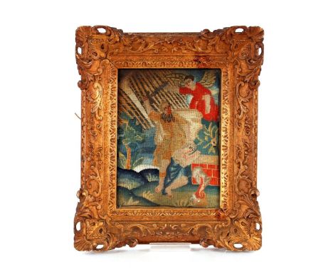 Early 18th Century framed tapestry panel, 24cm x 17.5cm contained in a decorative gilt frame&nbsp;