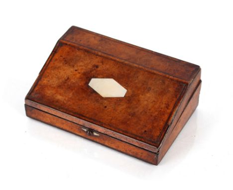 A 19th Century walnut&nbsp;and mother&nbsp;of pearl inlaid necessaire, having sloping hinged lid with some yellow metal mount