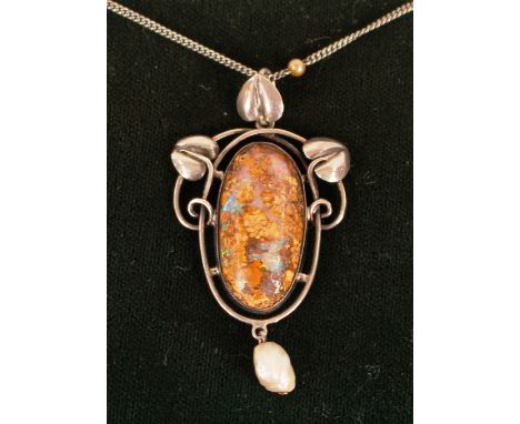 An Arts &amp; Crafts&nbsp;opal and baroque pearl set pendant,&nbsp;decorated with trailing silver ivy leaves, hung to a fine 