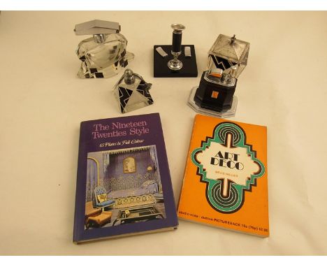 Two Art Deco glass perfume bottles of geometric design, a condiment pot, a bakerlite pen holder and a Ronson table lighter al