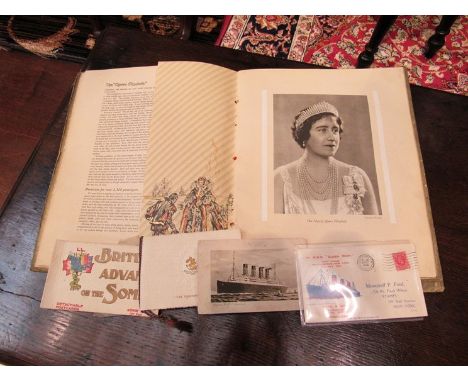 Ephemera relating to R M S Queen Mary, booklet envelope and booklet containing British Advance on the Somme detachable postca