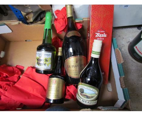 Five various bottles including Scotch Apple Double Creme de Cassis, Le Piat D'or, etc 
