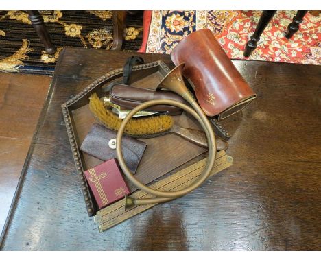 Vintage items including travelling writing wallet, Ronson lighter, horn, shoe shine set and Joshua Somalvico & Co Makers Lond