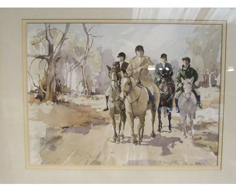 KENNETH JOHNSON (XX): A framed and glazed watercolour of a hunting party, signed bottom right, 29cm x 38cm