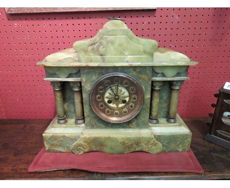 A green onyx and ormulu mantel clock of architectural form 