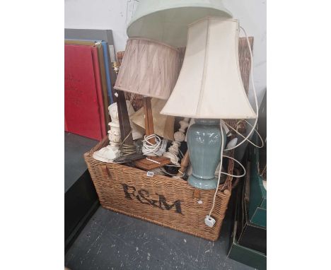 A Fortnam &amp; Masons large hamper containing various table lamps. 