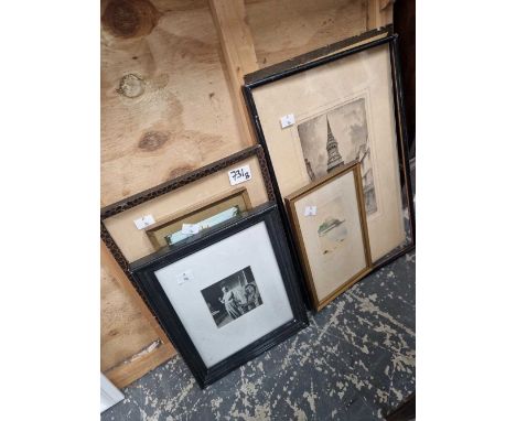 Vintage etchings by J. Robson, framed postcards, a photo print of Picasso, and other pictures. 