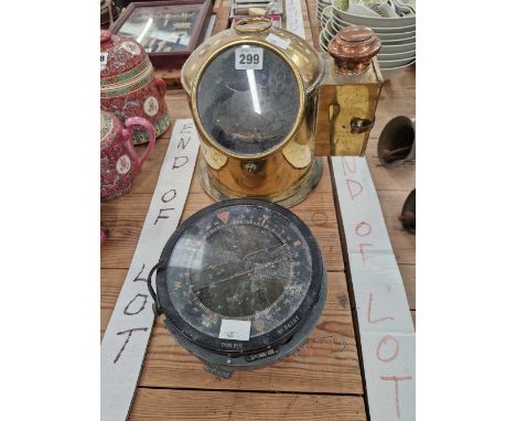A brass cased ship's binnacle compass together with a grey metal housed war dept compass