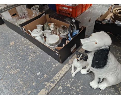 Three ceramic figures of dogs, glass and tea wares 