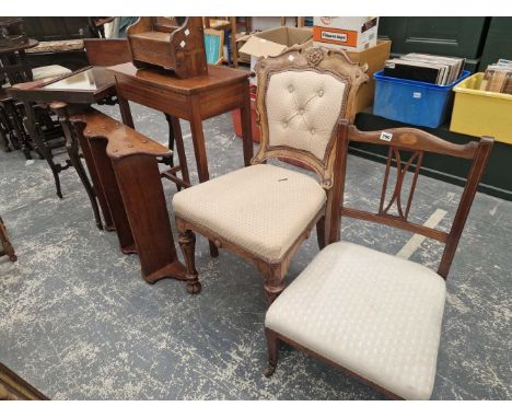 Various furnishings to include an inlaid low salon chair , a side chair with carved show frame, a wall shelf, a hall mirror w