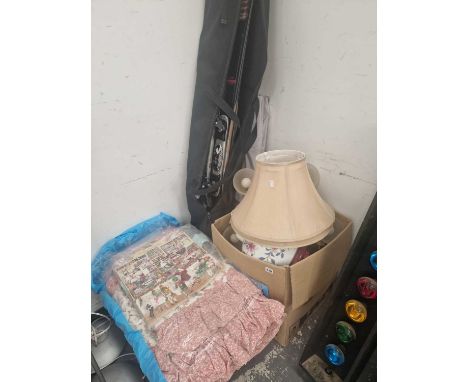 A quantity of various lighting, skis, bedspread etc. 