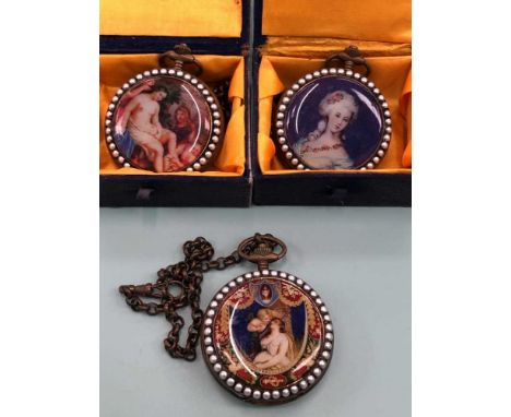 Three manual wound modern pocket watches each with various scenes front and reverse and an Albert chain and swivel clasp. 