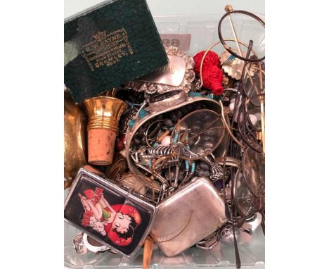 Jewellery and collectables to include a vesta, compass, vintage spectacles, eastern and Mexican jewellery, wine labels etc. 