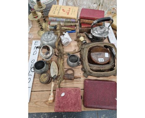An ormolu two branch wall light, ormolu bases, brass candlesticks, books, an electroplate kettler burner and stand, etc.