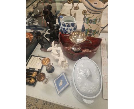 Silver souvenir tea spoons, electroplate trophy cups, a Copeland game tureen, ceramic jugs, labrador figures, etc.