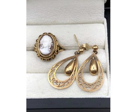 9ct hallmarked jewellery including a cameo portrait ring, finger size P, and a pair of articulated drop earrings. Gross weigh