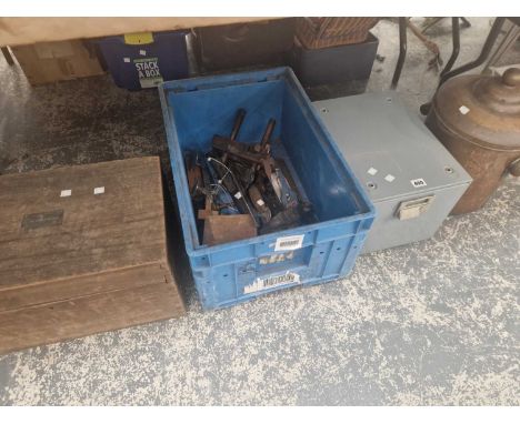 A wooden box of wood warking tools, a filing cabinet containing flags and a copper coal bucket and cover