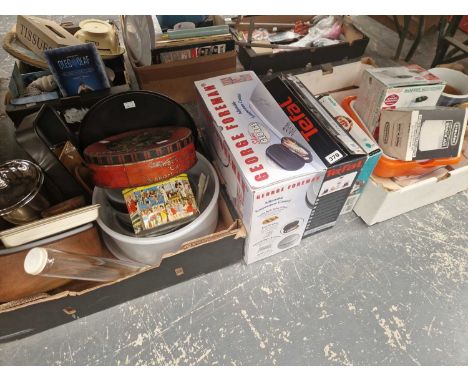 A George Foreman electric cooker, other kitchen wares, tins, ceramic planters, etc