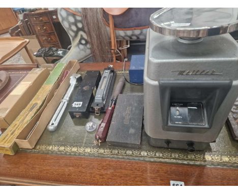 A vintage Mettler scale, Mercer dial gauge, a micrometre, a Watts level etc.