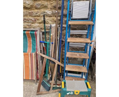 Various garden implements, step ladders etc