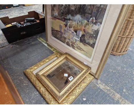 A pencil signed print of a garden scene, another print and a gilt framed mirror