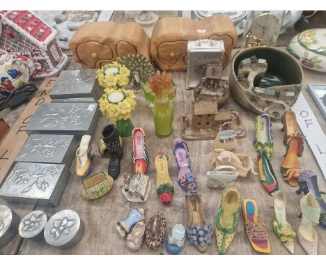 A Daum glass scent bottle and a Daum night light holder, lady's ceramic shoes, pewter boxes, two clocks, etcDaum glass good c